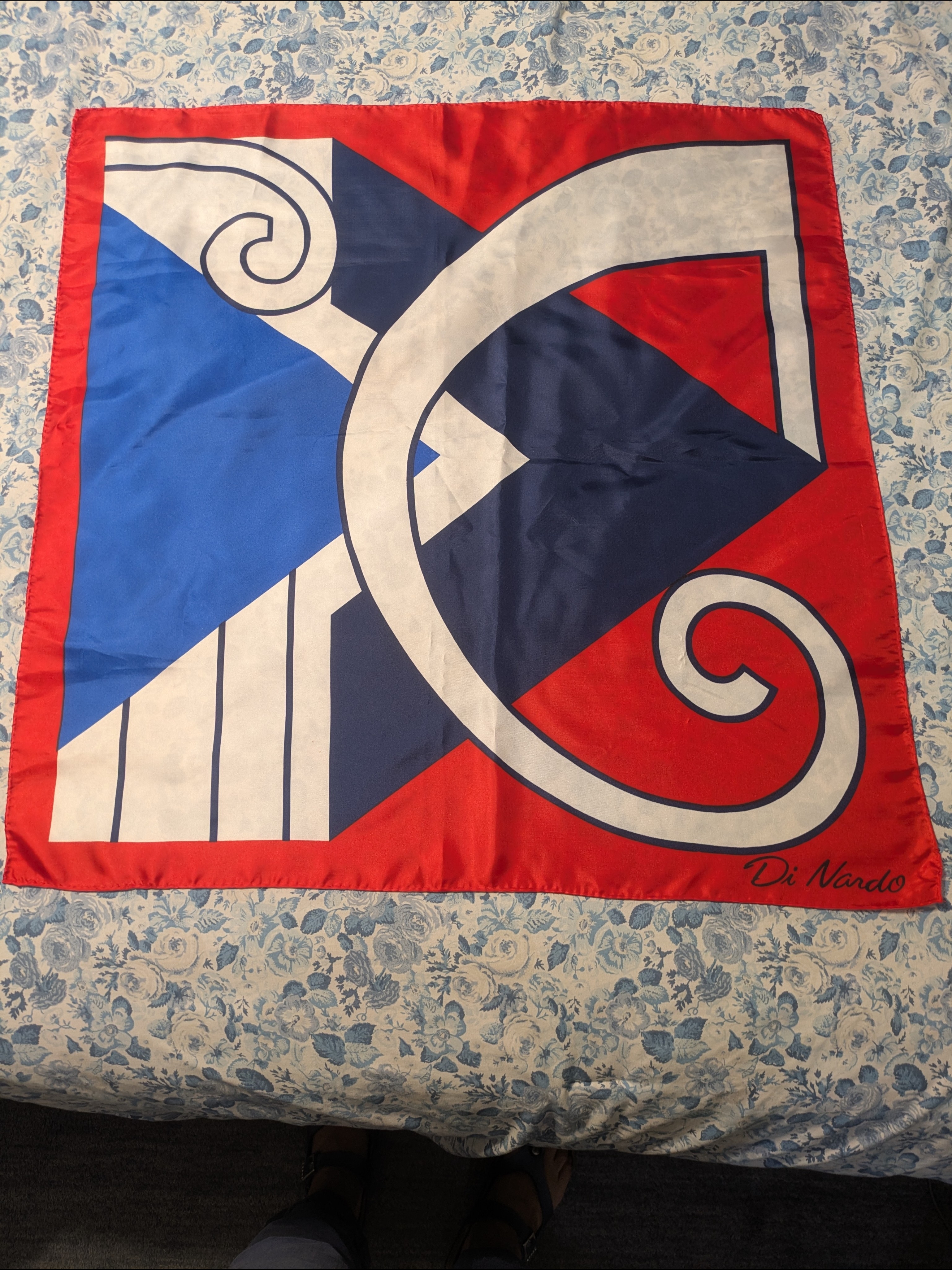 Vintage Red Blue  White Geometric Silk Scarf